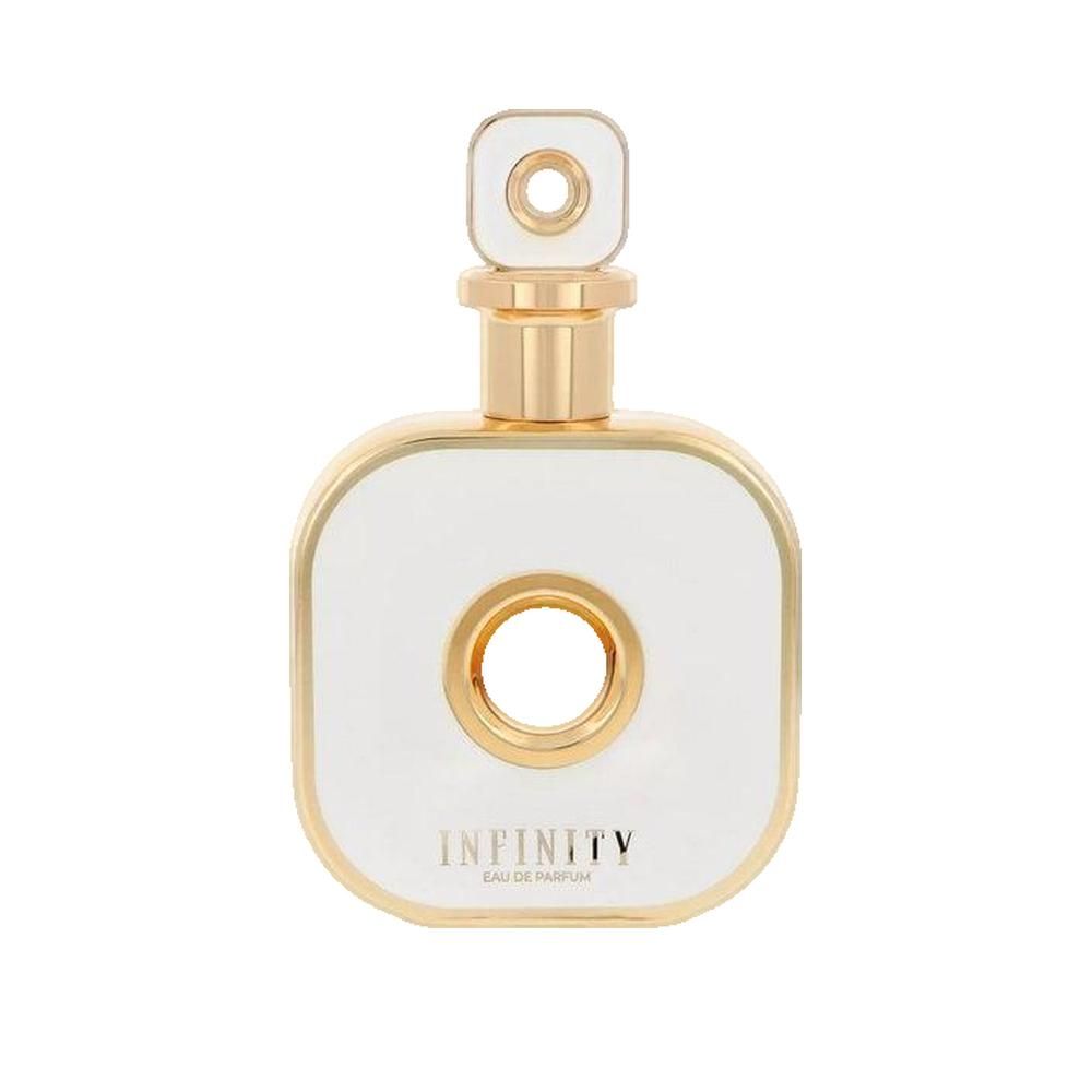 Flacon de parfum carré blanc avec des accents dorés et un trou au centre. Bouchon doré.