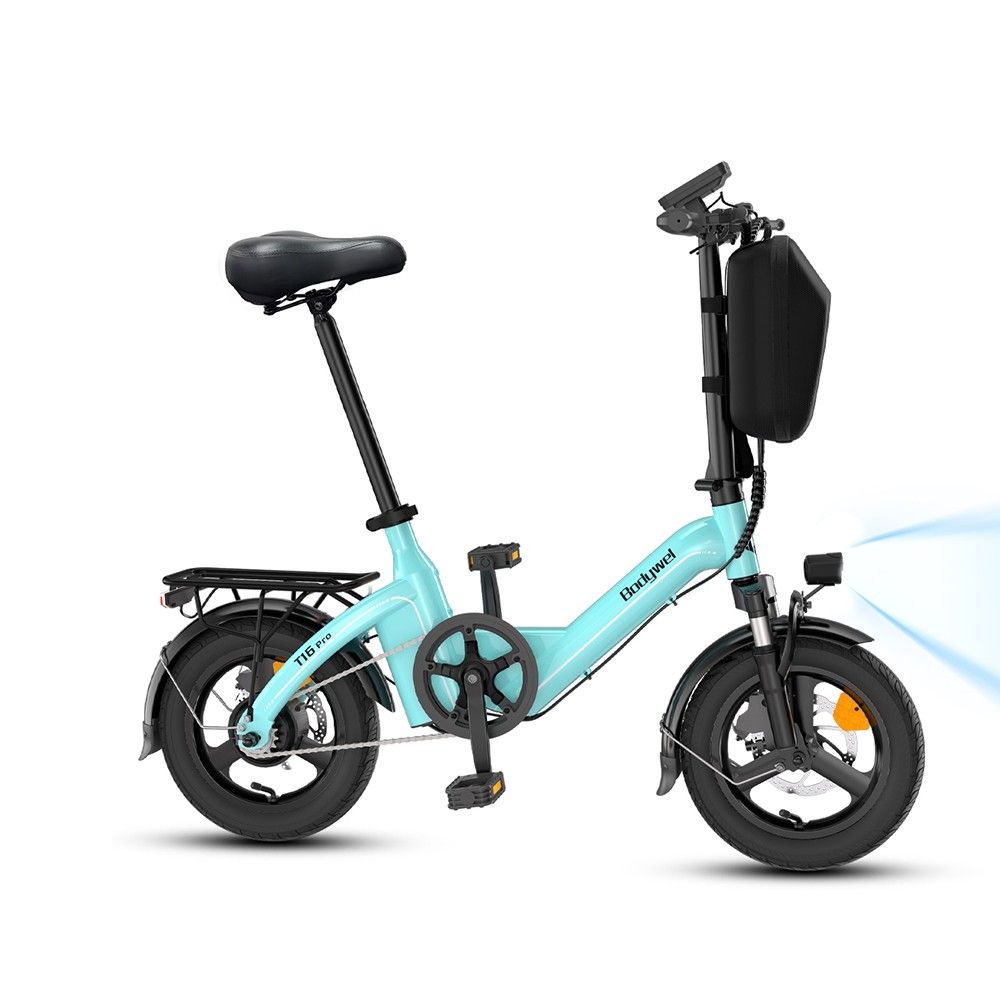 Vélo électrique bleu clair avec porte-bagages, selle et guidon noirs. Phare allumé. Inscription "T16 Pro".