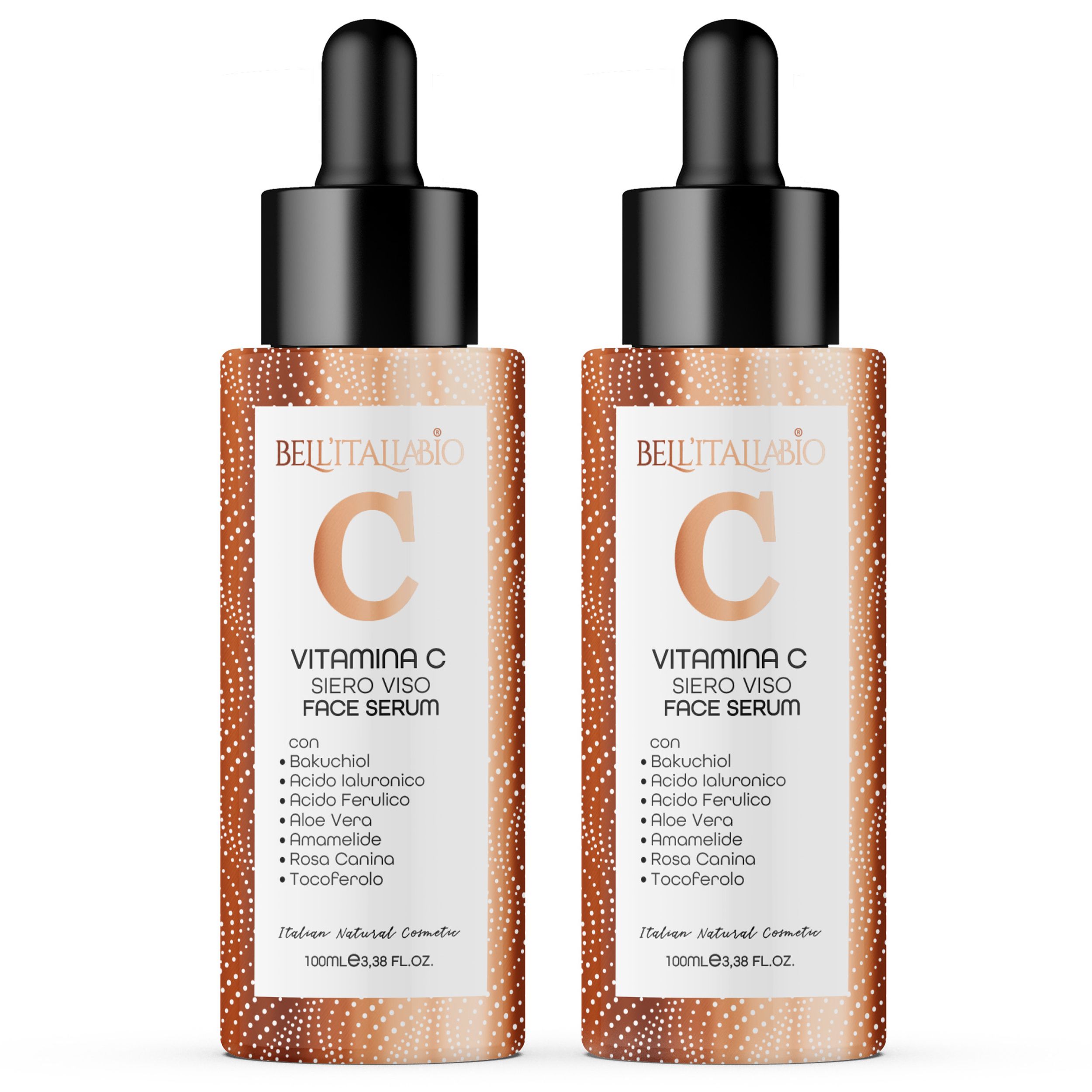 Twee flessen BellItaliabio vitamine C serum. Bruine flessen met zwarte pipetten. Opschrift: Vitamine C, gezichtsserum. Ingrediënten vermeld.