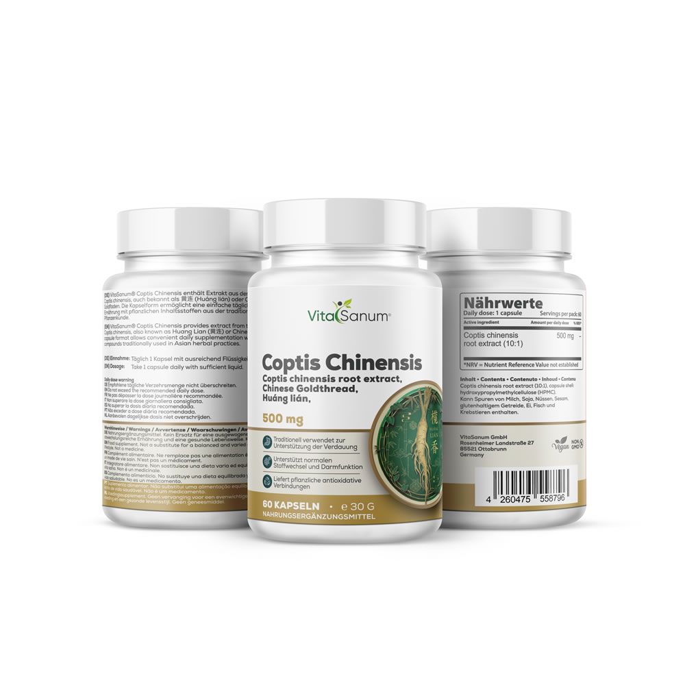 Drie witte flessen VitaSanum Coptis Chinensis, 500 mg, 60 capsules. Duitse tekst.
