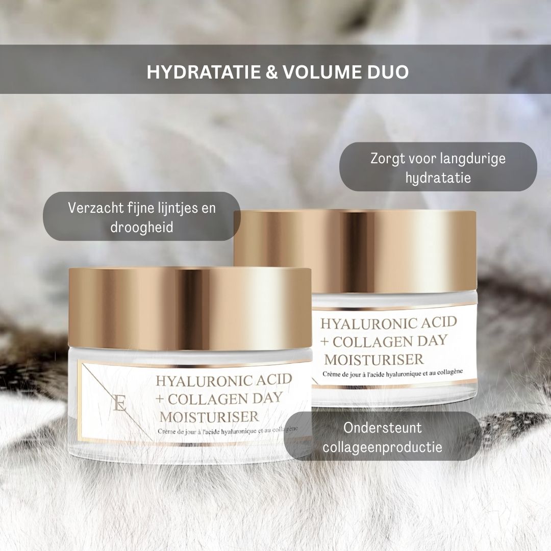 Deux pots de crème de jour Hyaluron + Collagène. Texte: Hydratatie & Volume Duo.
