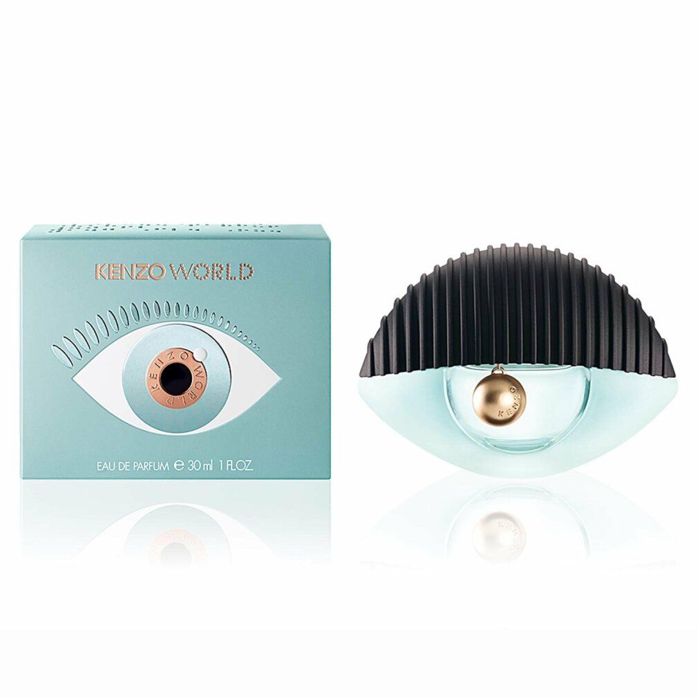 Lichtblauwe parfumfles in oogvorm met zwarte dop. Lichtblauwe doos met oogmotief en opschrift KENZO WORLD.