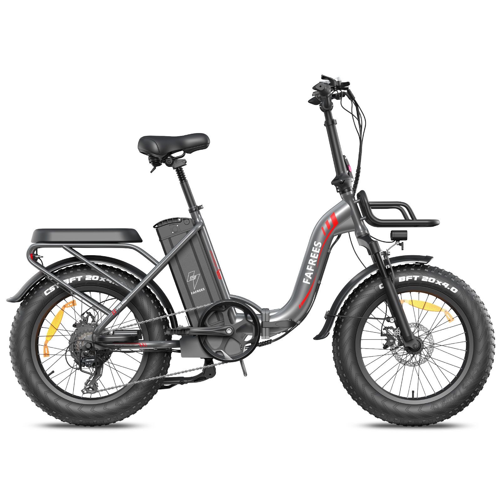 Grijze opvouwbare e-bike met brede banden, bagagedrager en accu. Merk FAFREES. Rode accentlijn op het frame.
