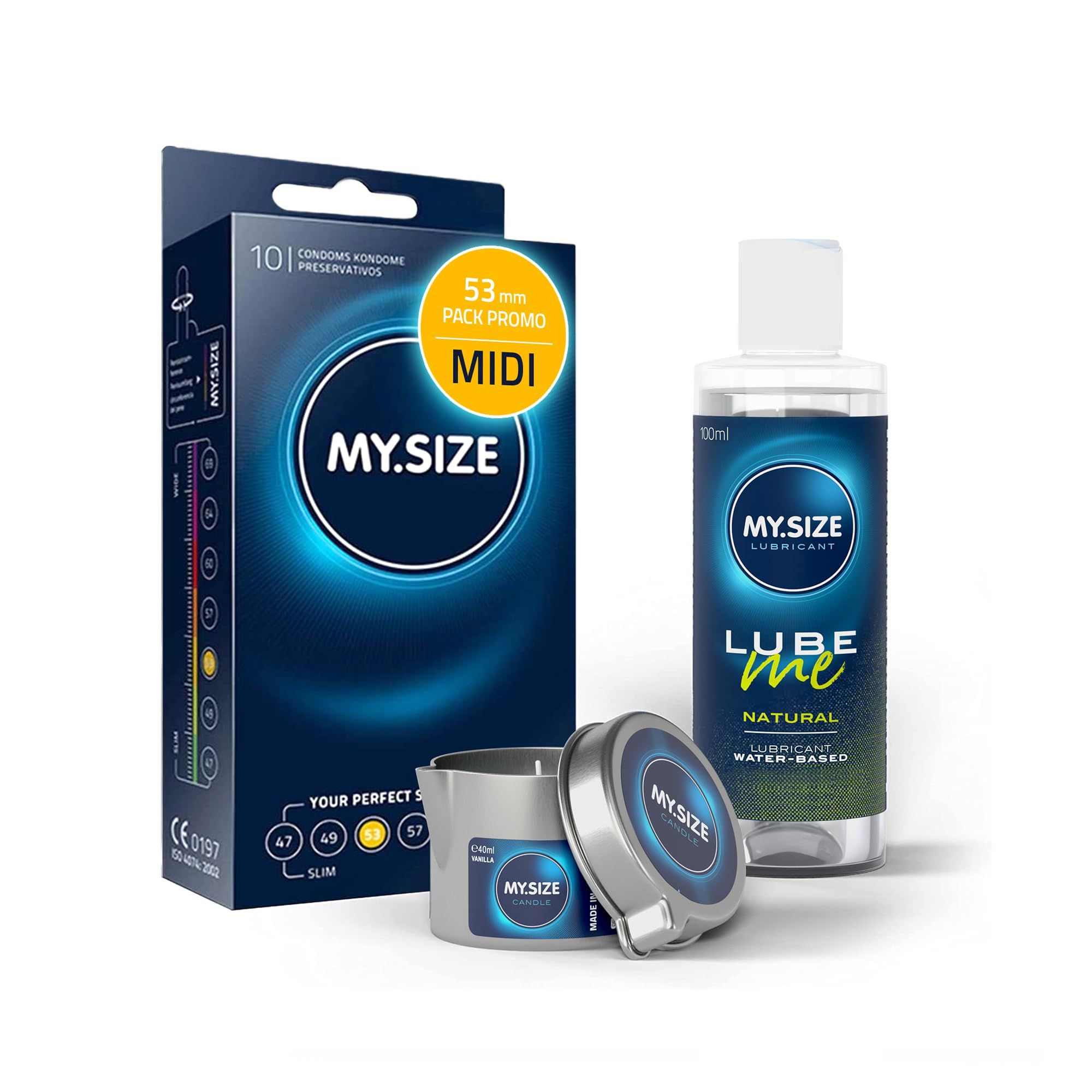 MY.SIZE PRO Préservatifs + LUBE ME Natural + Body Candle Set