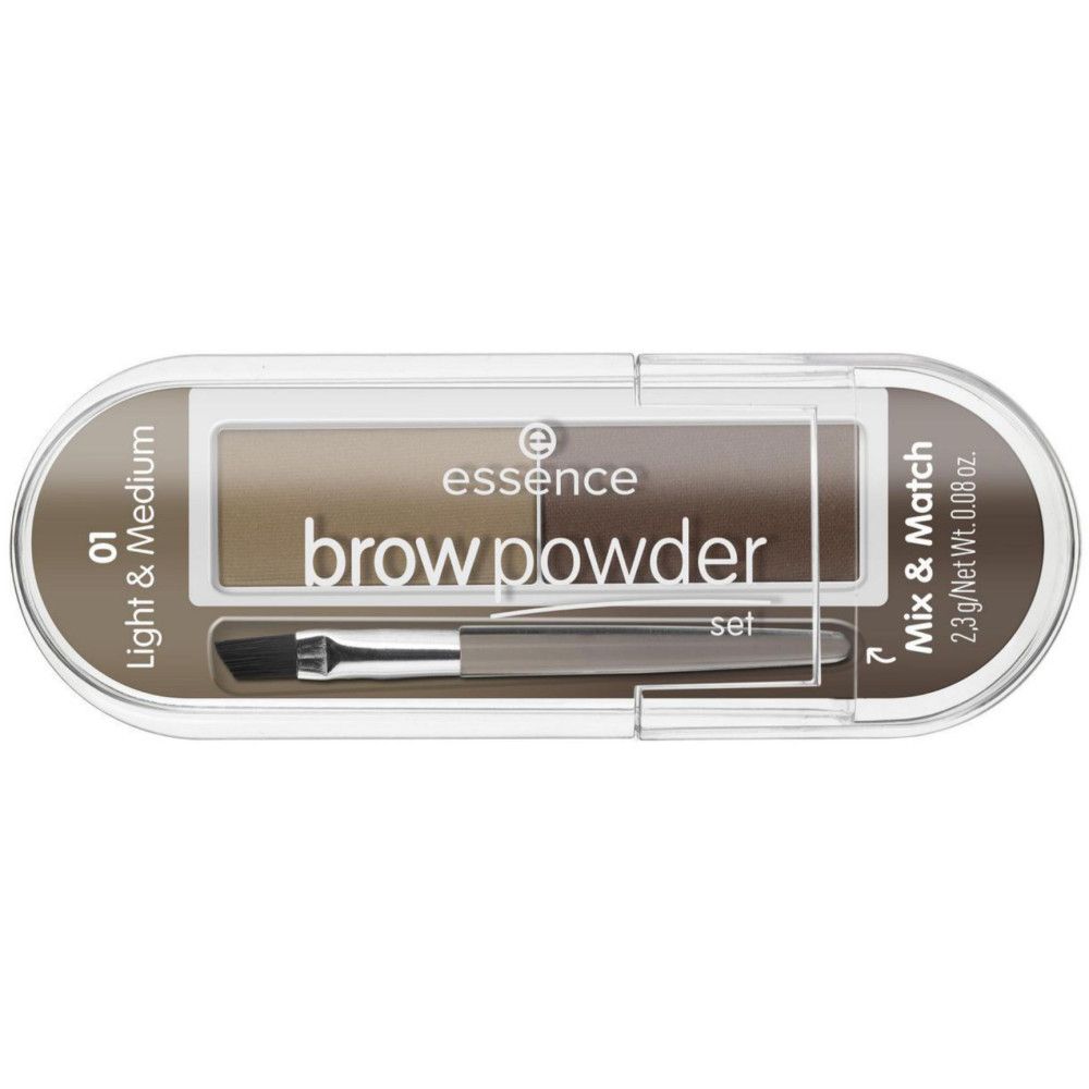 Set de poudre à sourcils dans un emballage transparent. Contient deux teintes, un pinceau et la marque Essence.