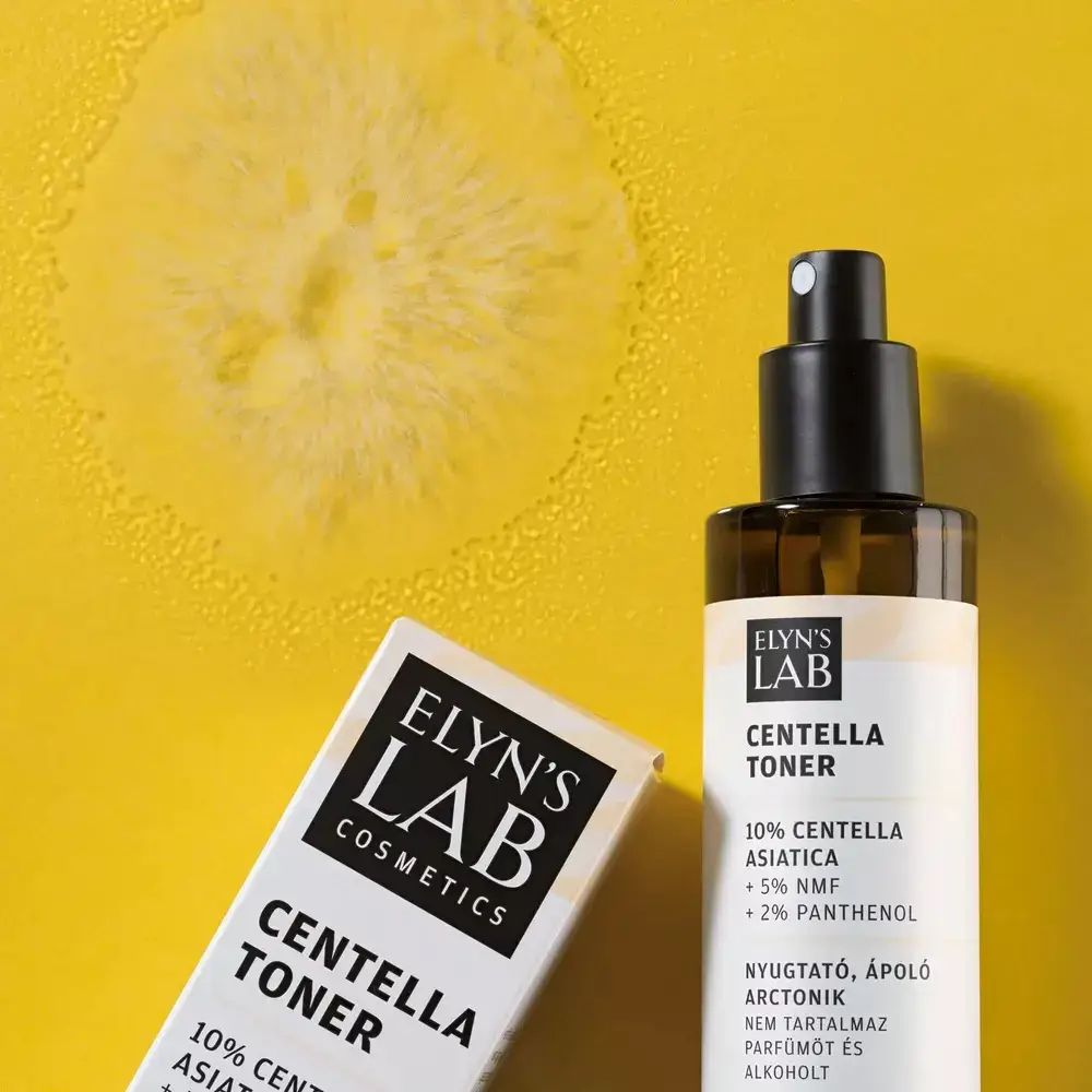 Fles en verpakking. Opschrift: ELYN'S LAB Centella Toner. Bevat 10% Centella Asiatica, 5% NMF, 2% Panthenol.