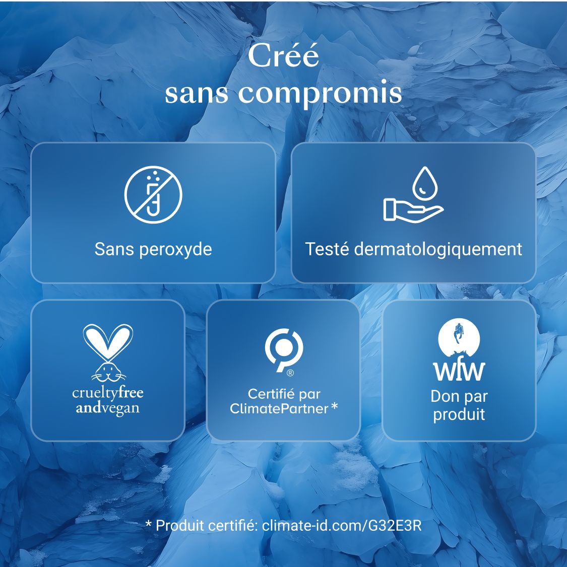 Graphique avec icônes: Sans peroxyde, testé dermatologiquement, sans cruauté, certifié ClimatePartner, don par produit.