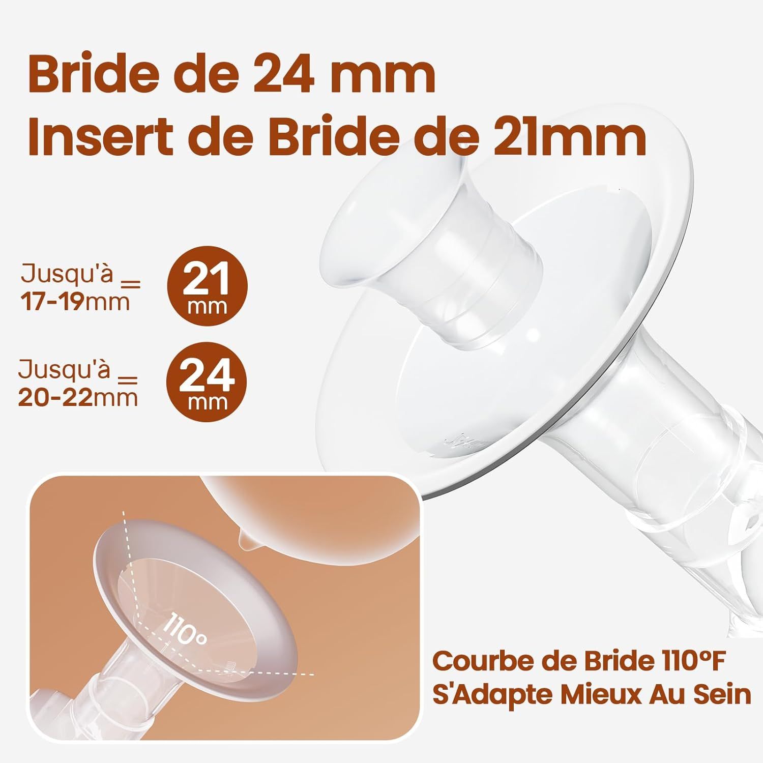 Bride de tire-lait 24mm avec insert de 21mm. Courbe de 110°.