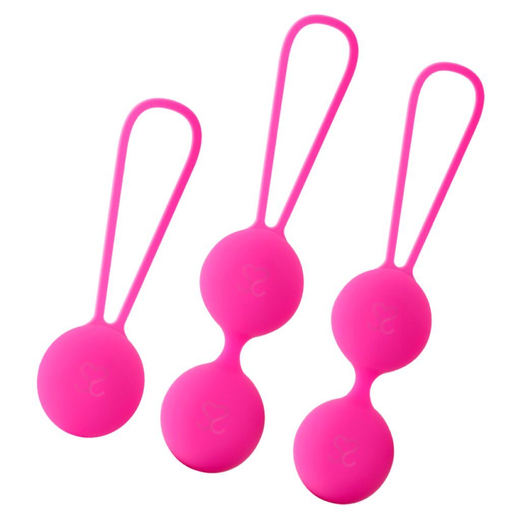 Drie roze siliconen liefdeskogels met lussen, in drie verschillende maten.