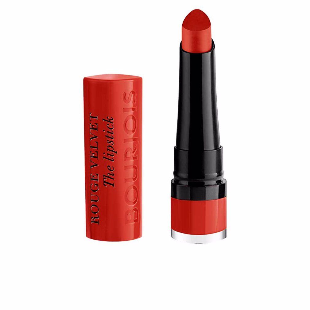Rouge à lèvres rouge ouvert. Inscription: Bourjois Rouge Velvet The lipstick.