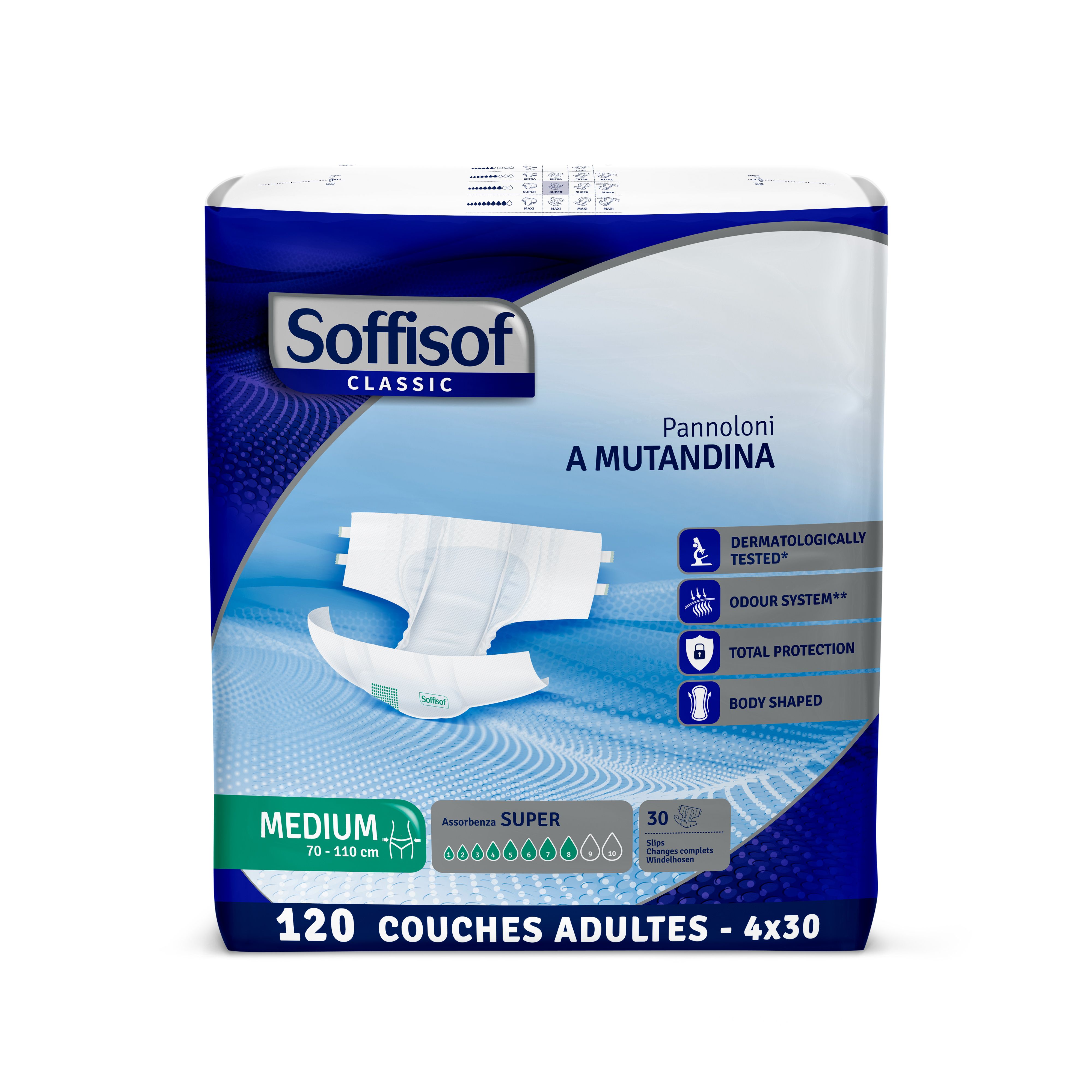 Soffisof Classic Super pour adultes. Medium, 70-110 cm. 30 couches. Testé dermatologiquement.