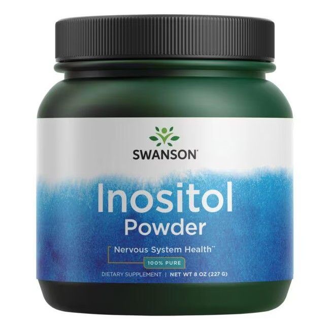 Groene supplementpot met zwarte deksel. Opschrift: SWANSON Inositol Powder, 100% puur. Blauw en wit etiket.