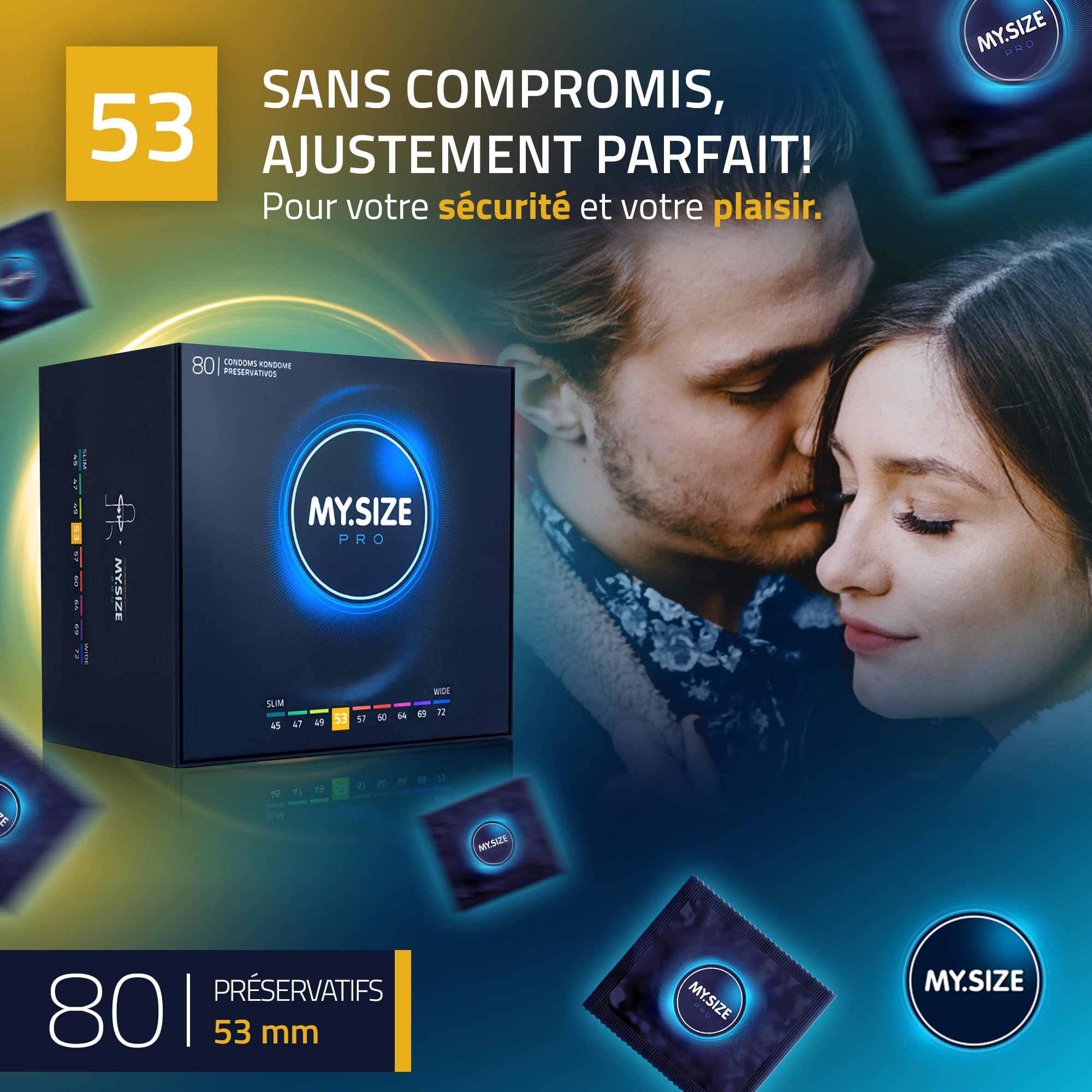 Préservatif MY.SIZE PRO ELITE, taille 53mm. Parois fines, latex VYTEX, sans odeur, vegan.