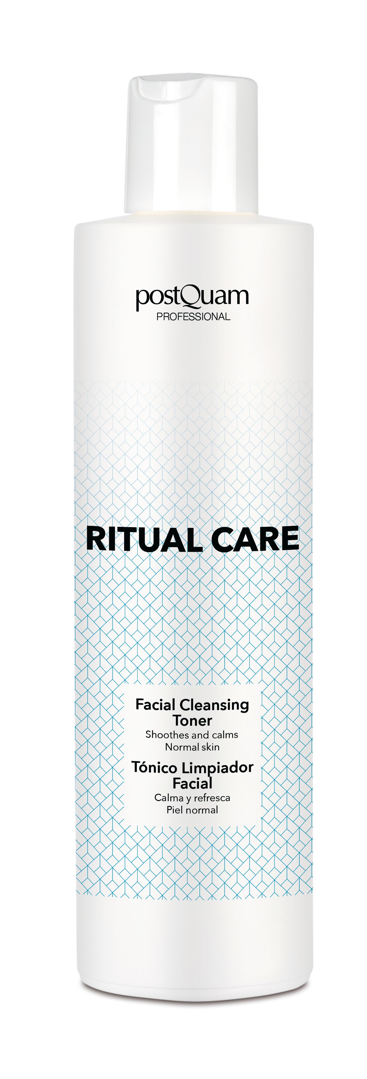 Witte fles gezichtstonic van postQuam. Opschrift: RITUAL CARE, Facial Cleansing Toner. Voor normale huid.