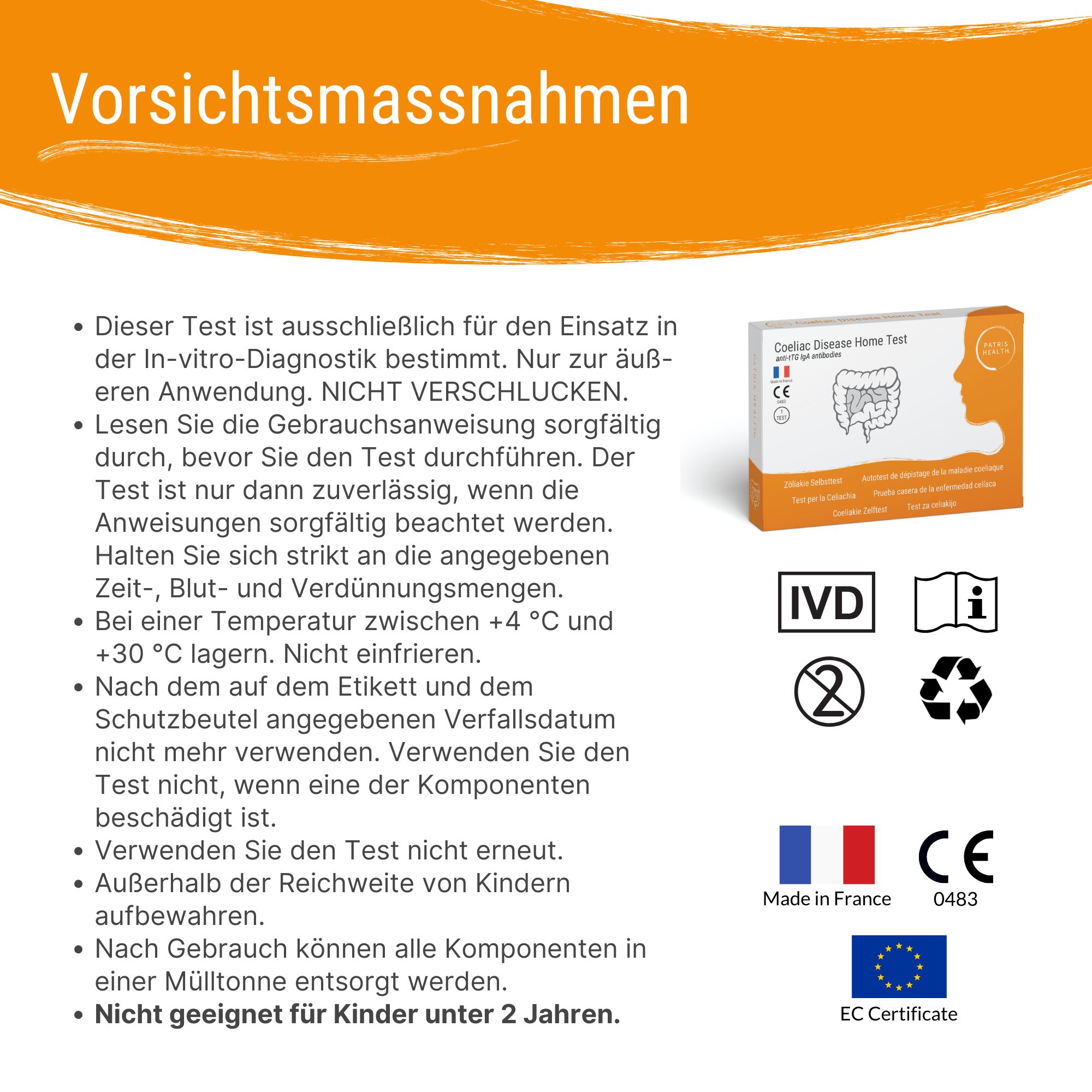 Drie verpakkingen van de Coeliac Disease Home Test. Opschriften: merk, testnaam, certificeringen.