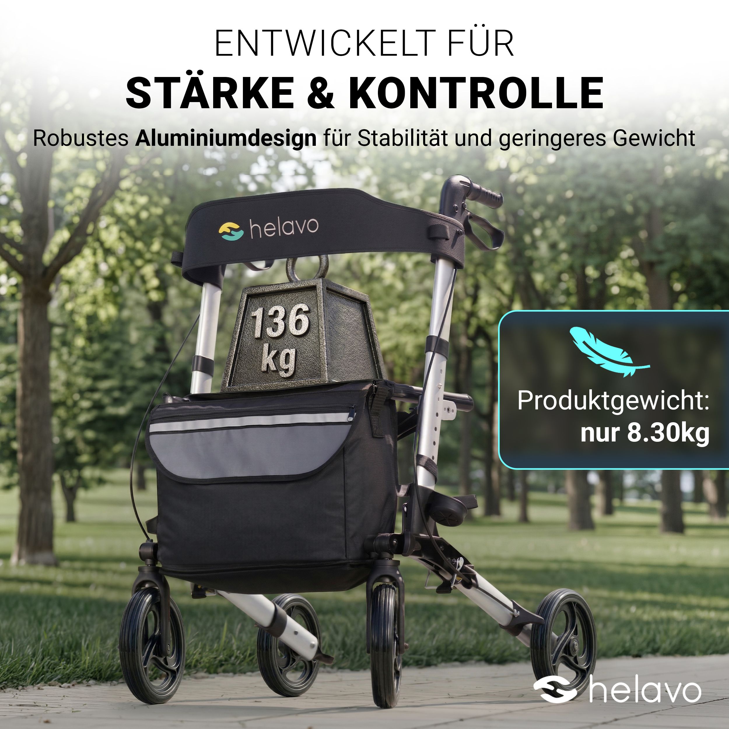 Rollator en aluminium supportant 136 kg; poids du produit seulement 8,30 kg.