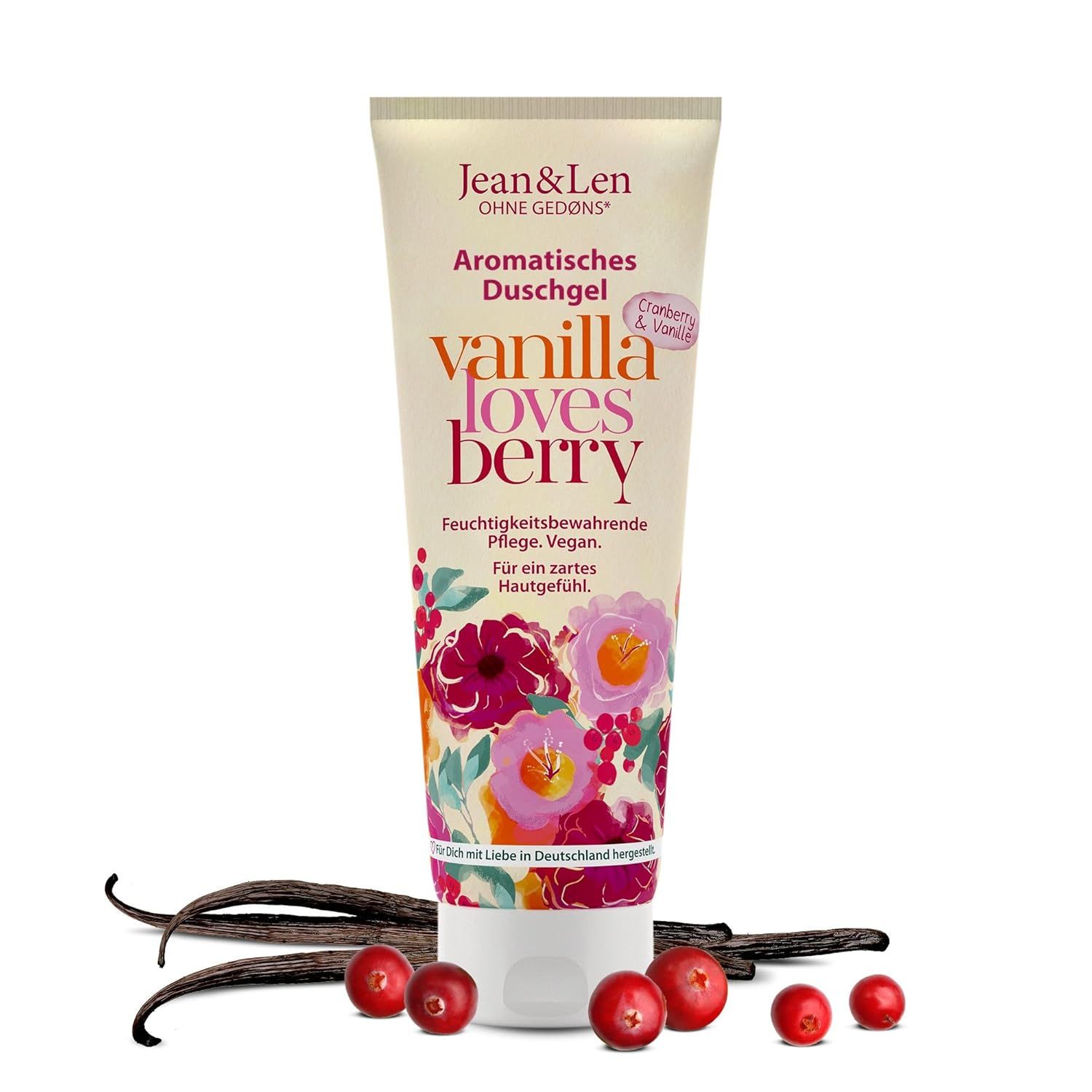 Tube met douchegel, tekst: Aromatische douchegel, Vanilla loves Berry. Cranberry & Vanille. Vanillestokjes en cranberries ernaast.