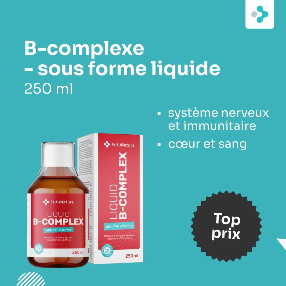 Bouteille et boîte FutuNatura Liquid B-Complex, 250 ml.