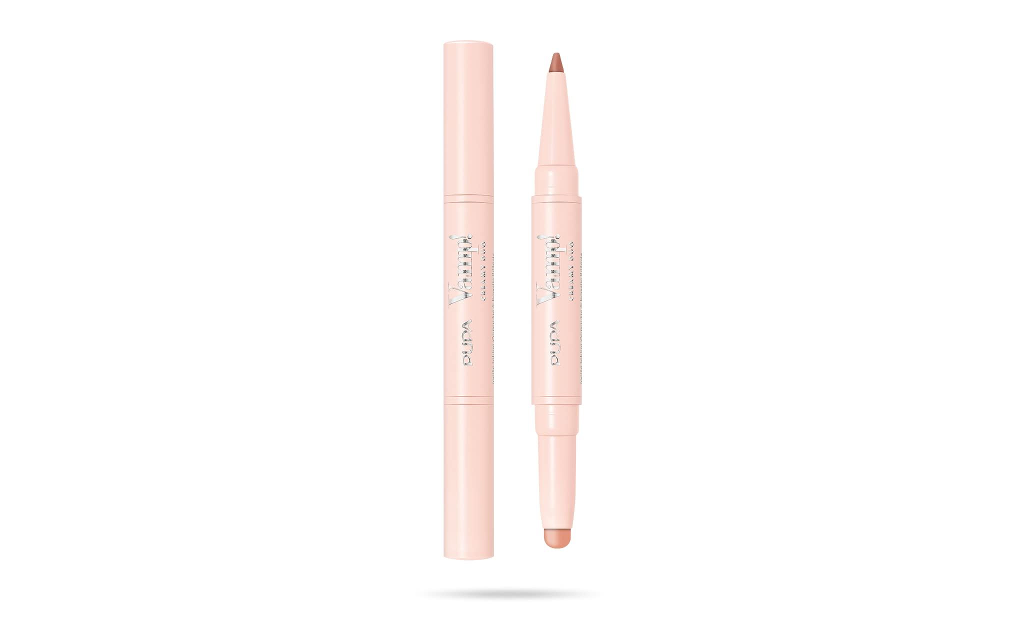 Crayon double. Une extrémité est un rouge à lèvres, l'autre un crayon à lèvres. Étui rose. Texte: Pupa Vamp! Creamy Duo.