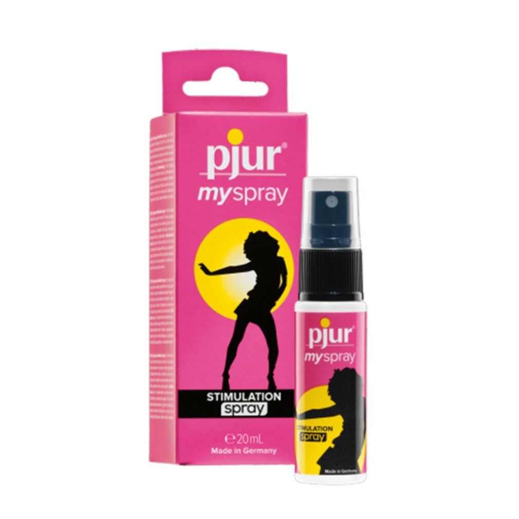 Roze doos en fles. Logo pjur, tekst myspray, illustratie vrouw. Tekst: Stimulation Spray. Fles met verstuiver.