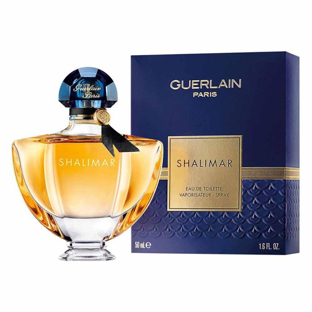 Guerlain Shalimar Eau de Toilette fles en verpakking. Blauw, goud, transparant. Opschrift: Shalimar, Guerlain Paris.