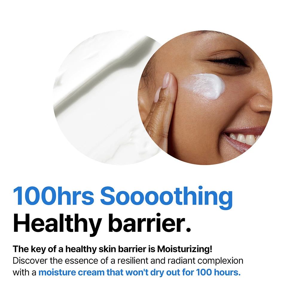 Close-up van een persoon die crème op de huid aanbrengt. Tekst: "100hrs Soooothing Healthy barrier." en "Moisturizing!"