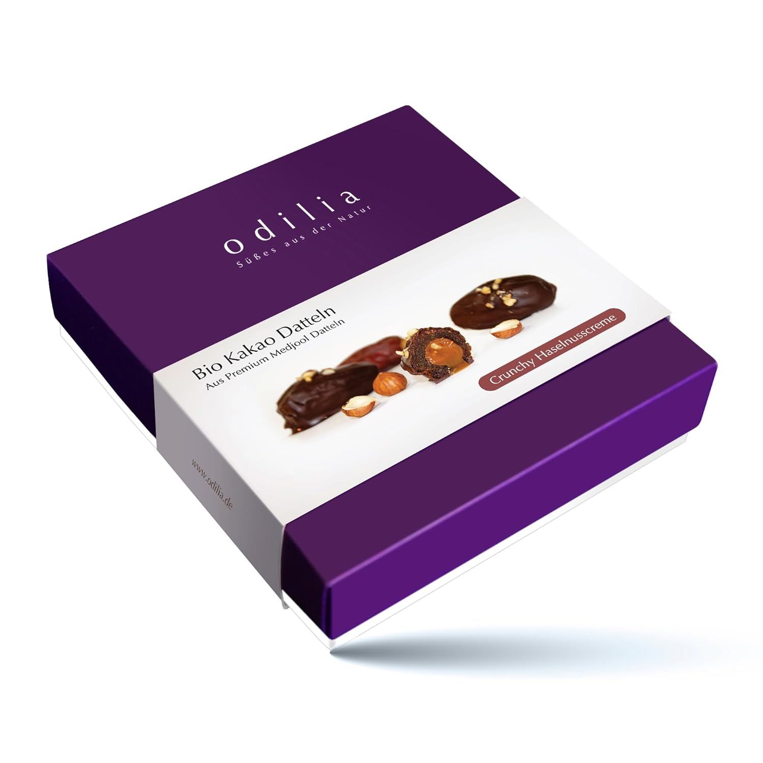Boîte cadeau violette avec dattes bio Odilia cacao, crème de noisettes et amandes.