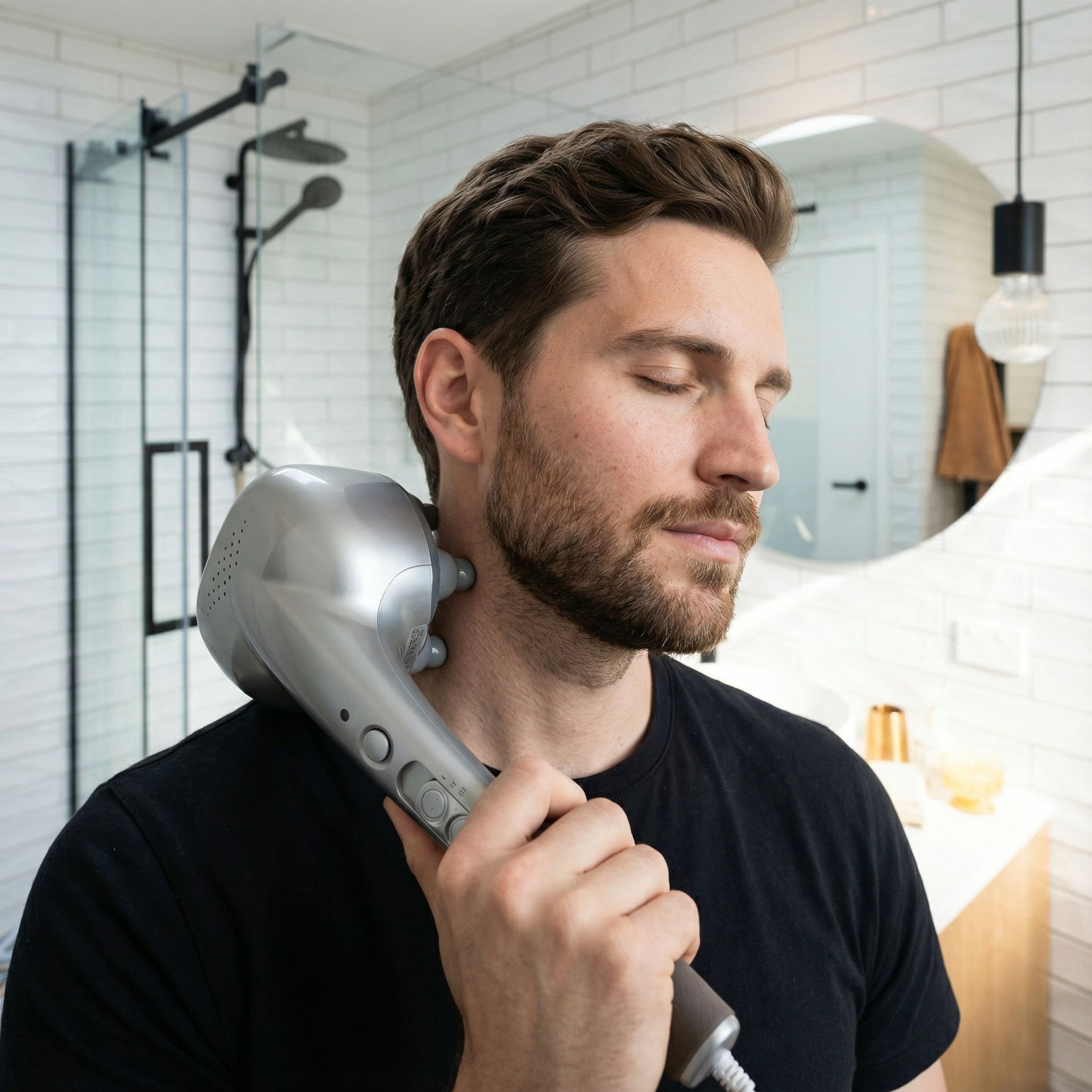 Homme dans la salle de bain, tient un appareil de massage sur la nuque. Appareil argenté avec boutons.