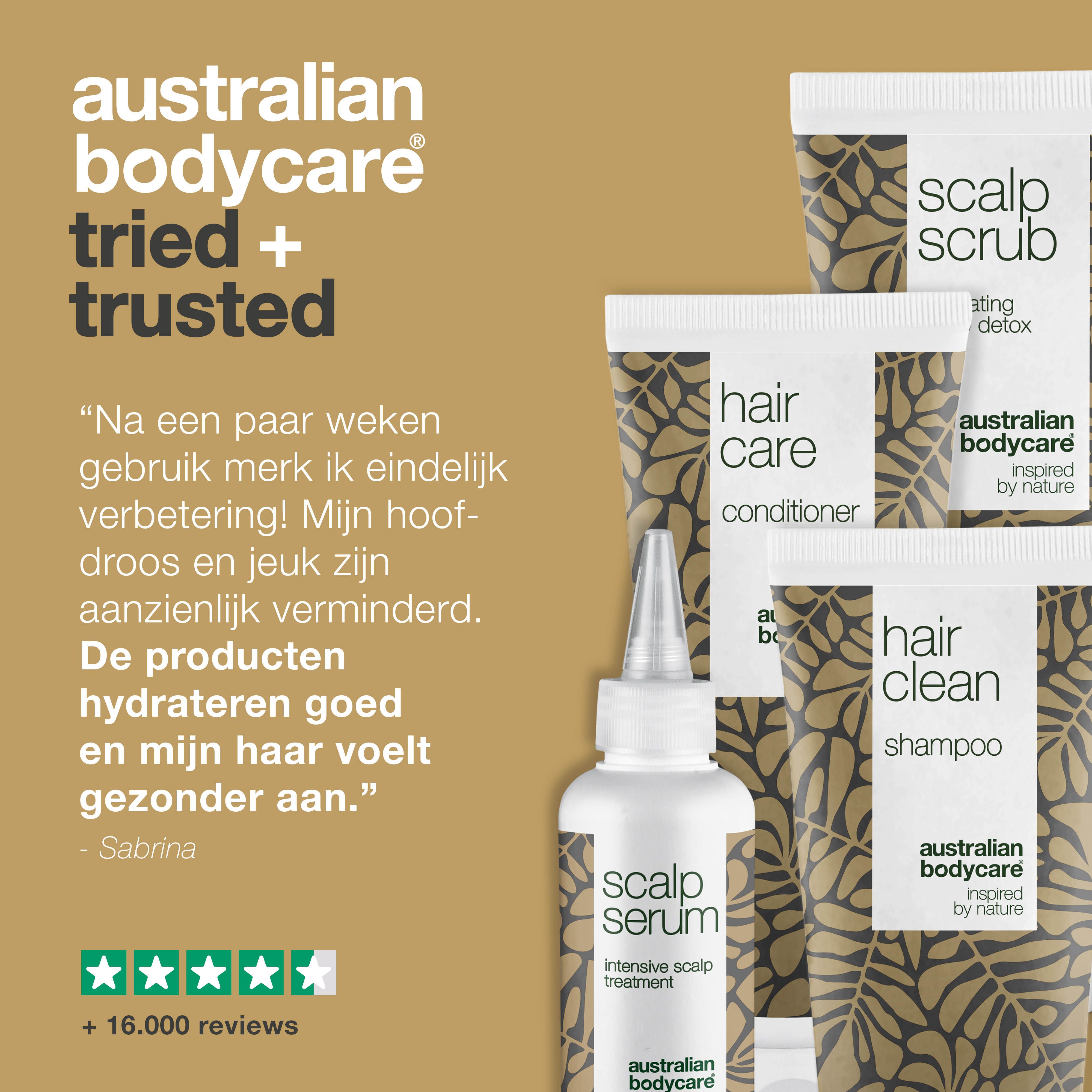 Getuigenis. Producten: shampoo, scrub, conditioner, serum. Tekst: droge hoofdhuid aanzienlijk verbeterd. 5 sterren.