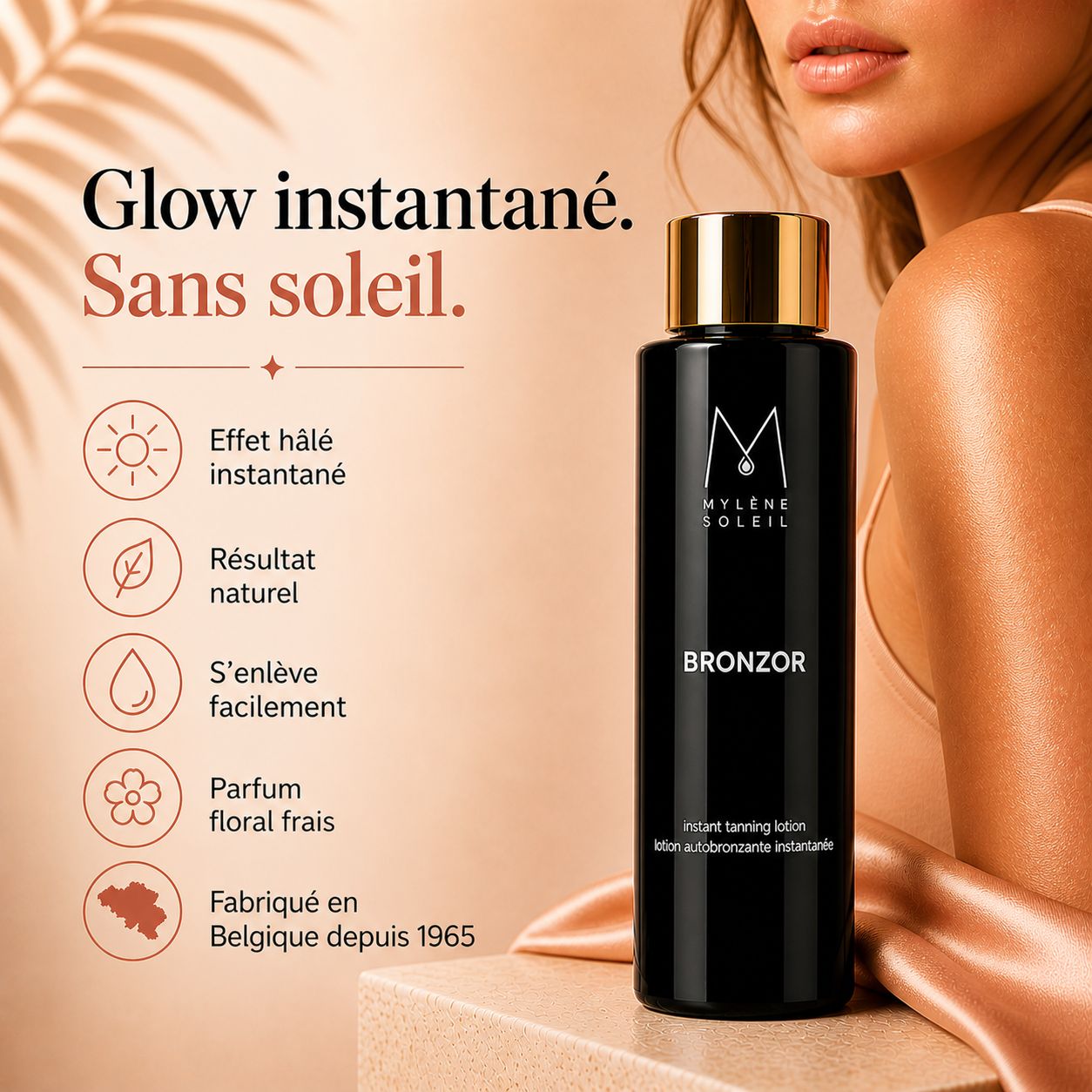 Flacon noir à bouchon doré. Texte: Mylène Soleil, Bronzor, Instant Tanning Lotion. Fond: feuilles.