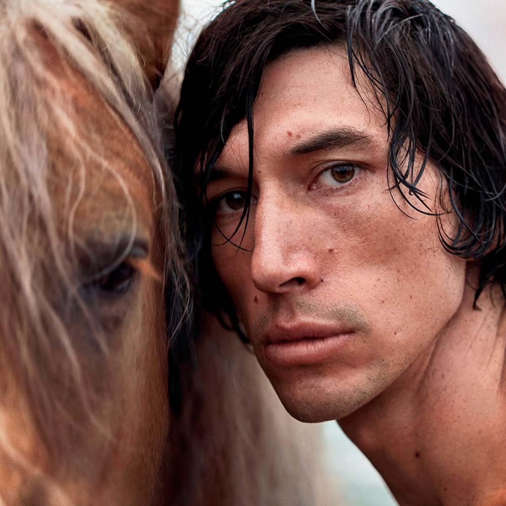 Portret van een man met een paard. Man met donker haar, paard met lichte manen.