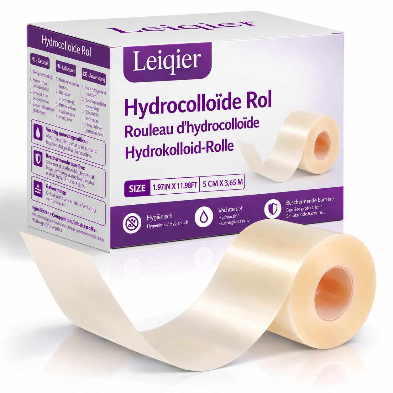 Rouleau de pansement hydrocolloïde Leiqier, 5 cm x 3,65 m. Rouleau transparent et flexible.
