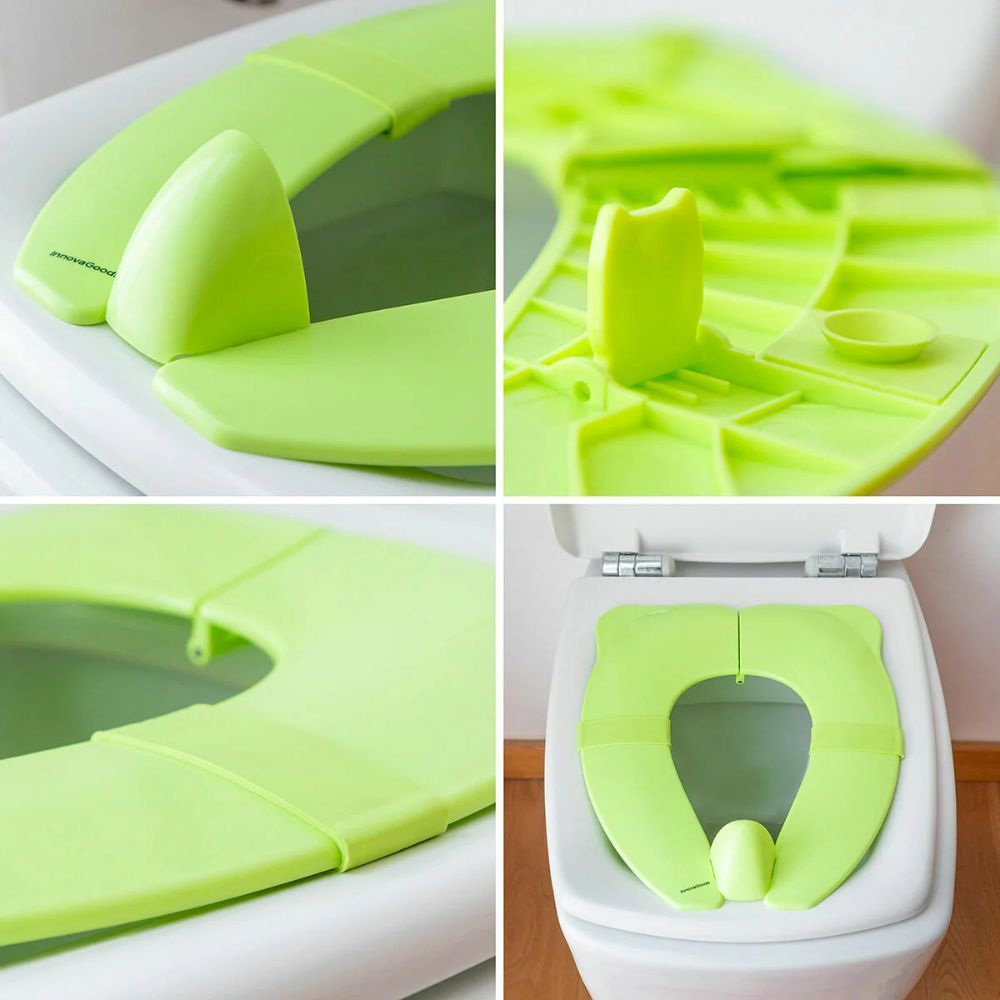 Close-ups van de groene, opvouwbare toiletverkleiner voor kinderen. Details van de constructie.