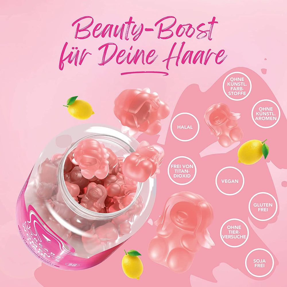 Oursons en forme d'ours, roses. Inscription: Beauty-Boost für Deine Haare. Vegan, sans gluten, sans colorants artificiels.