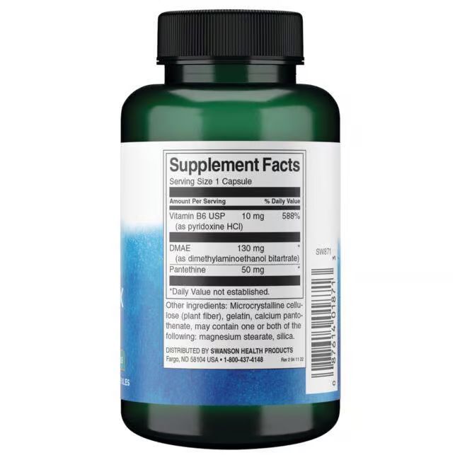 Dos du flacon vert. Étiquette avec informations nutritionnelles: vitamine B6, DMAE, Panthéthine. Autres ingrédients. Fabriqué par SWANSON HEALTH PRODUCTS.