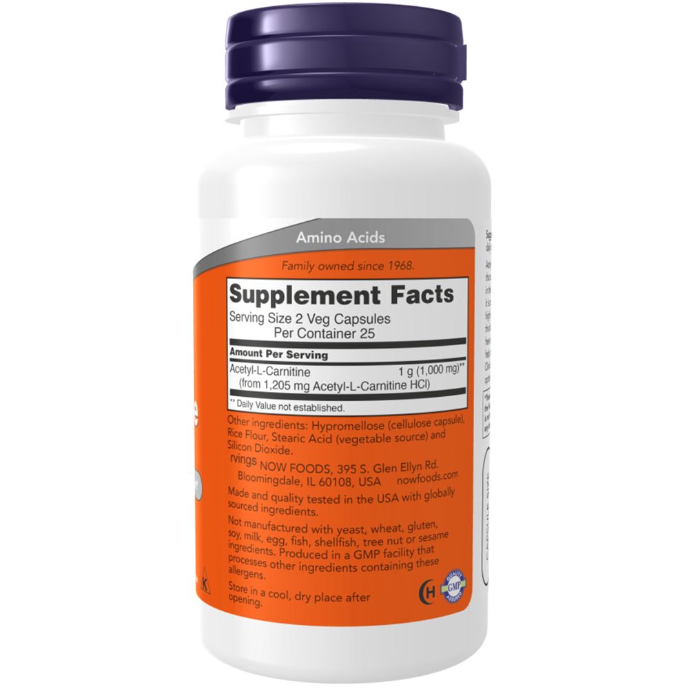 Dos du flacon. Inscription: Supplement Facts, Acetyl-L-Carnitine. Ingrédients. Logo NOW Foods. Fabriqué aux États-Unis.
