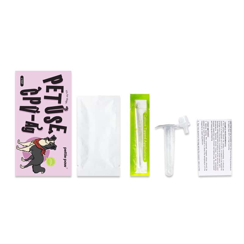 Kit de test pour chiens. Comprend une cassette de test, un sachet, un écouvillon, un compte-gouttes et des instructions. Inscription : Pet Use CPV-Ag.