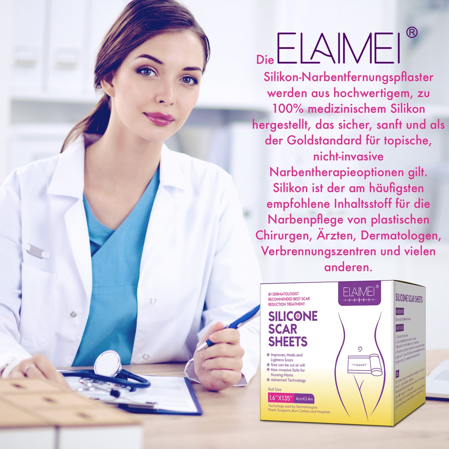 Arts met stethoscoop en productverpakking. Verpakking met productinformatie en logo.