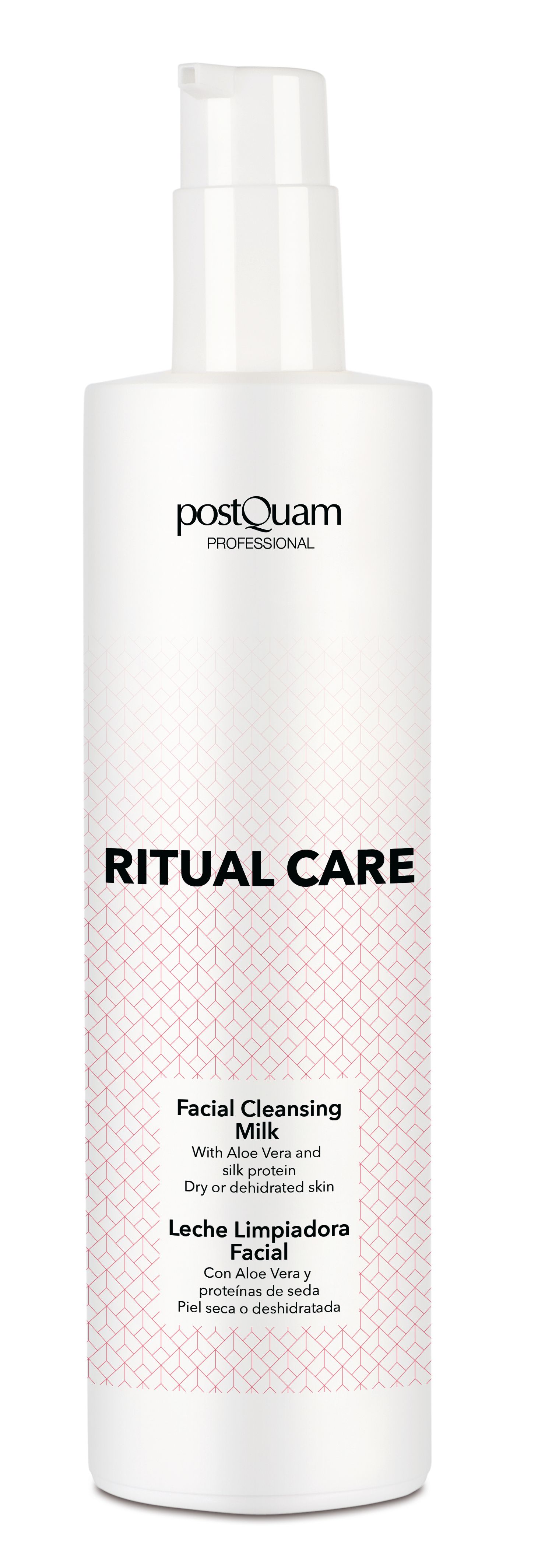 Witte fles met pomp. Opschrift: Postquam, Ritual Care, Facial Cleansing Milk. Voor de droge huid.