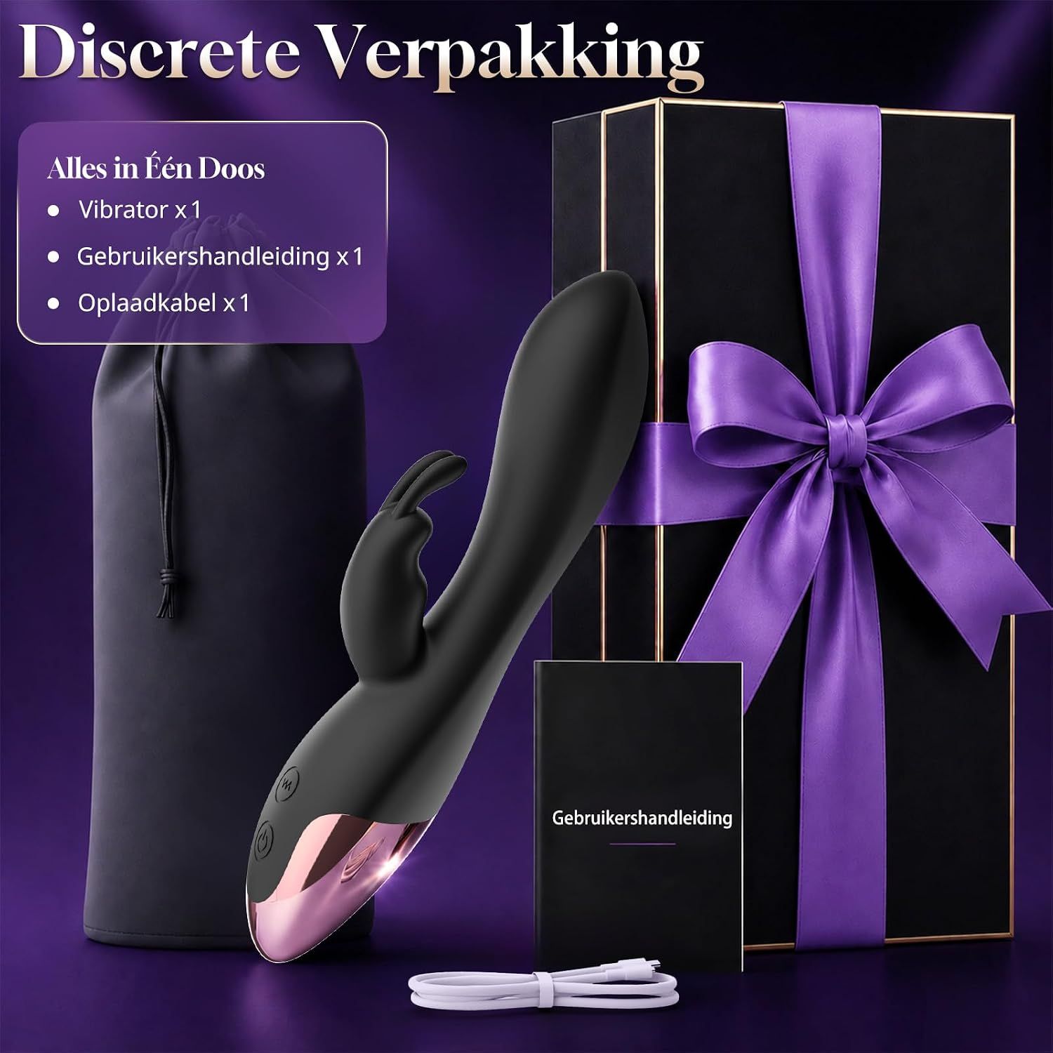 Zwarte vibrator met roségouden accent, oplaadkabel, opbergzakje en handleiding.