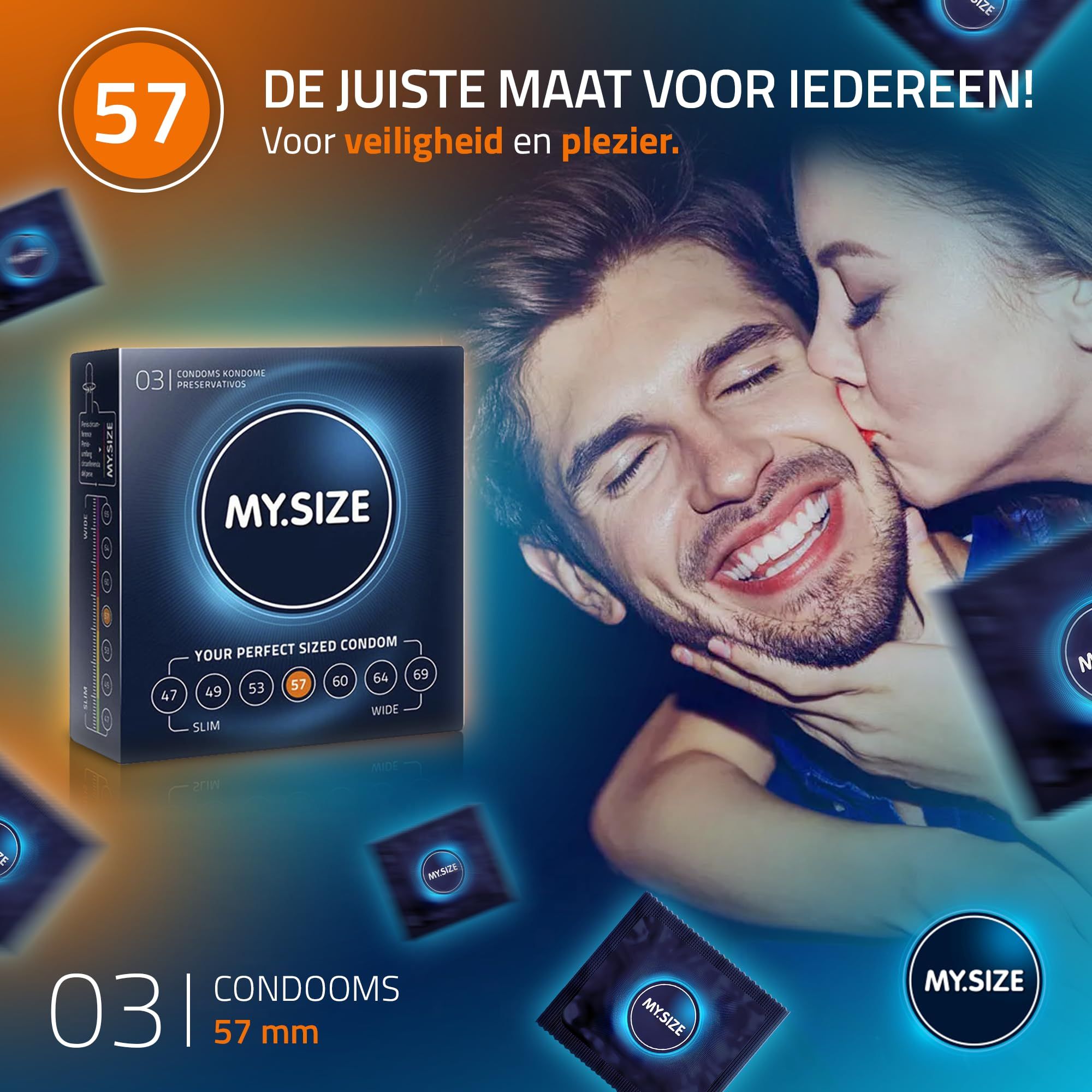Reclamebeeld: Paar, vrouw kust man, omringd door MY.SIZE 57 condoomverpakkingen.