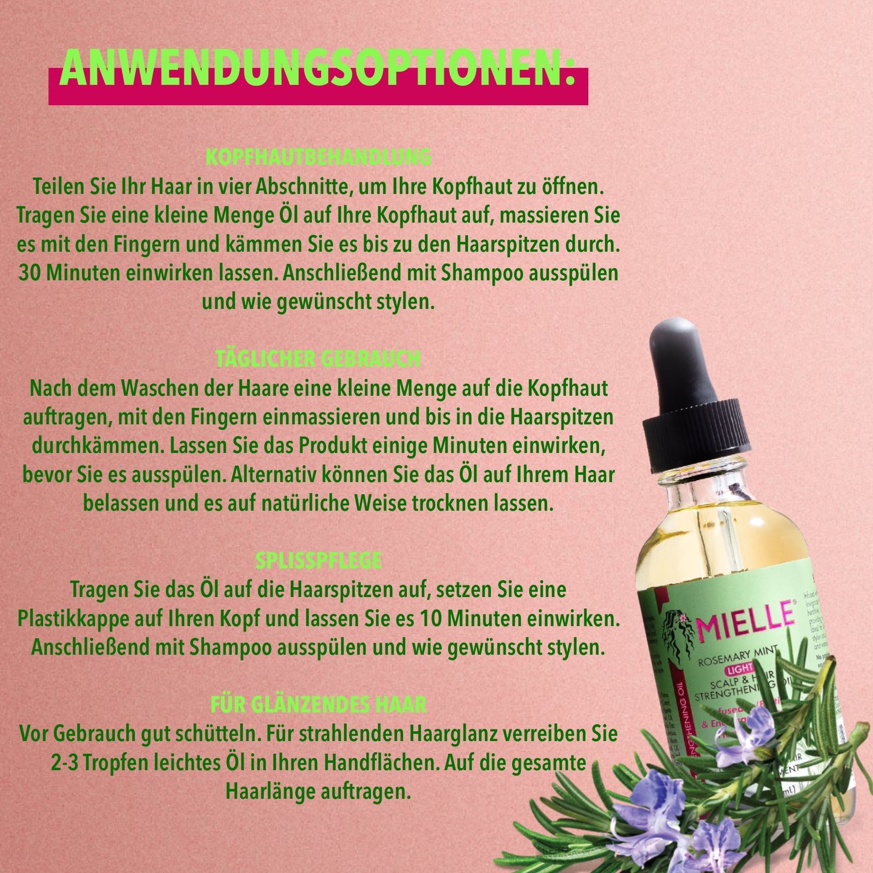 Flacon d'huile capillaire Mielle Organics avec pipette et texte. Instructions d'utilisation: cuir chevelu, quotidien, pointes fourchues, cheveux brillants.