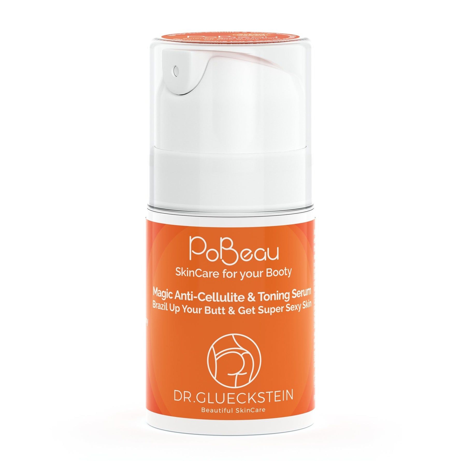 Flacon cylindrique avec étiquette orange. Texte: PoBeau, Magic Anti-Cellulite & Toning Serum. Tête de pompe blanche.