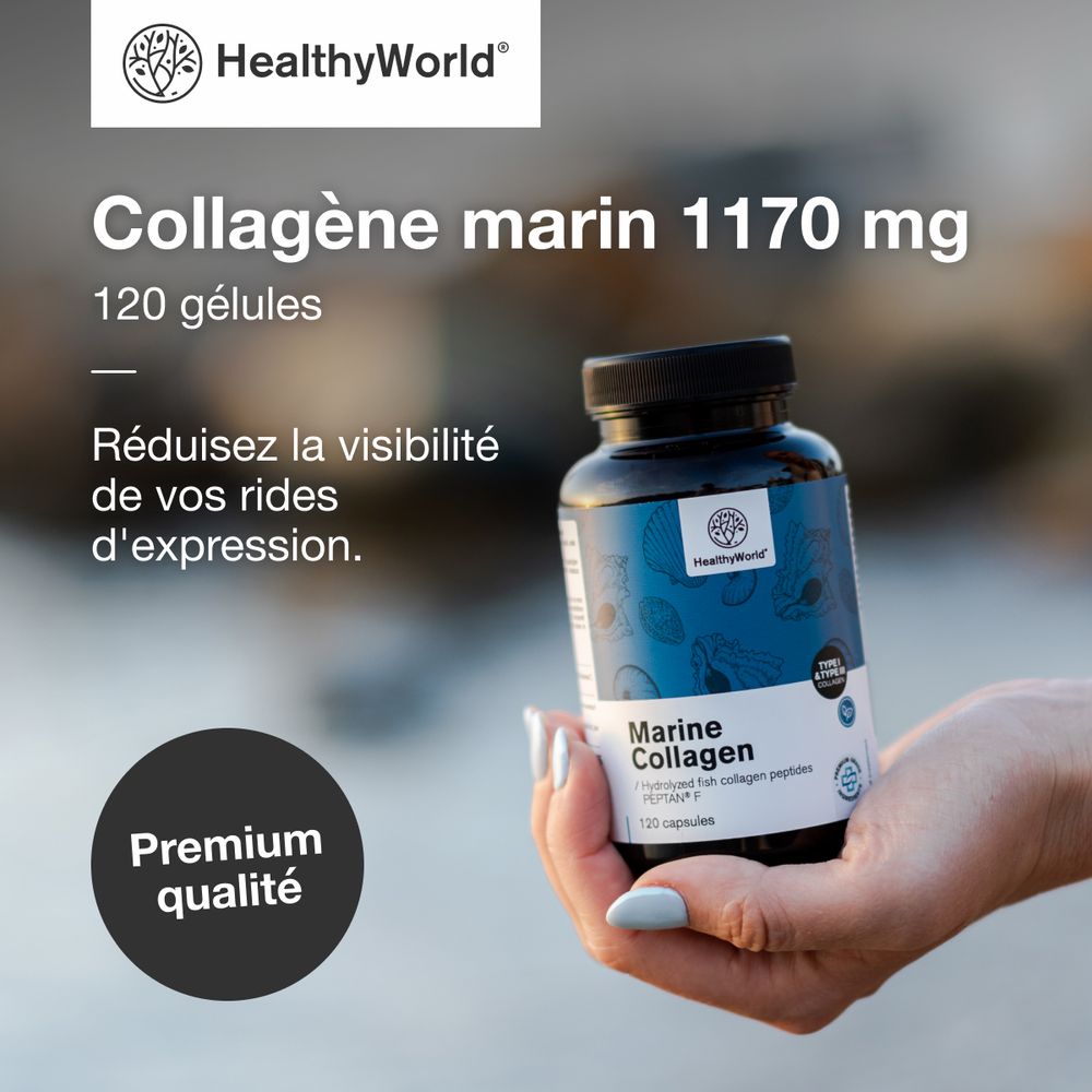 Femme tenant un flacon. Inscription : Marine Collagen. Marque : HealthyWorld. Texte : Collagène marin 1170 mg.