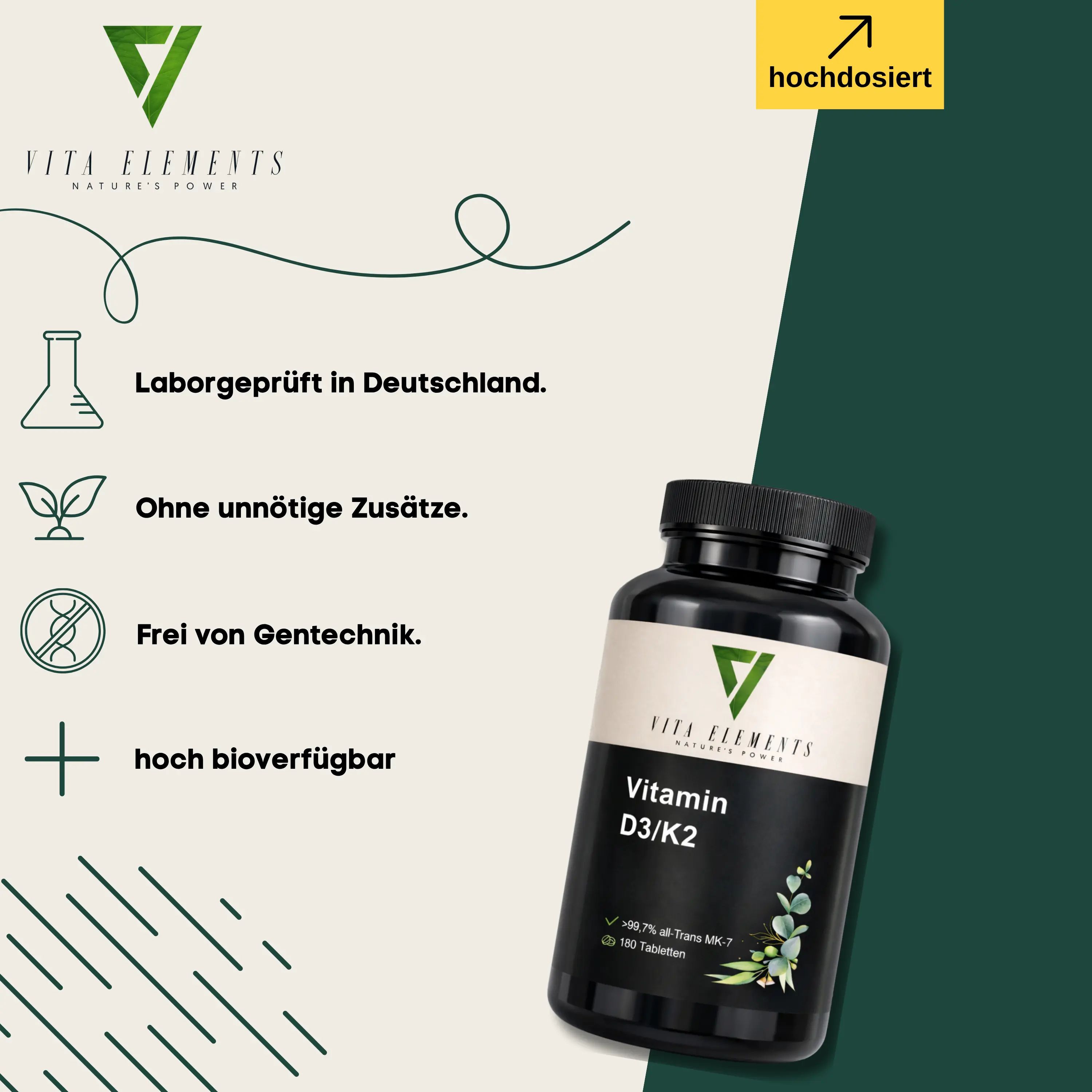 Vita Elements Vitamine D3/K2 : Testé en laboratoire, sans additifs, sans OGM, haute biodisponibilité. Flacon noir.