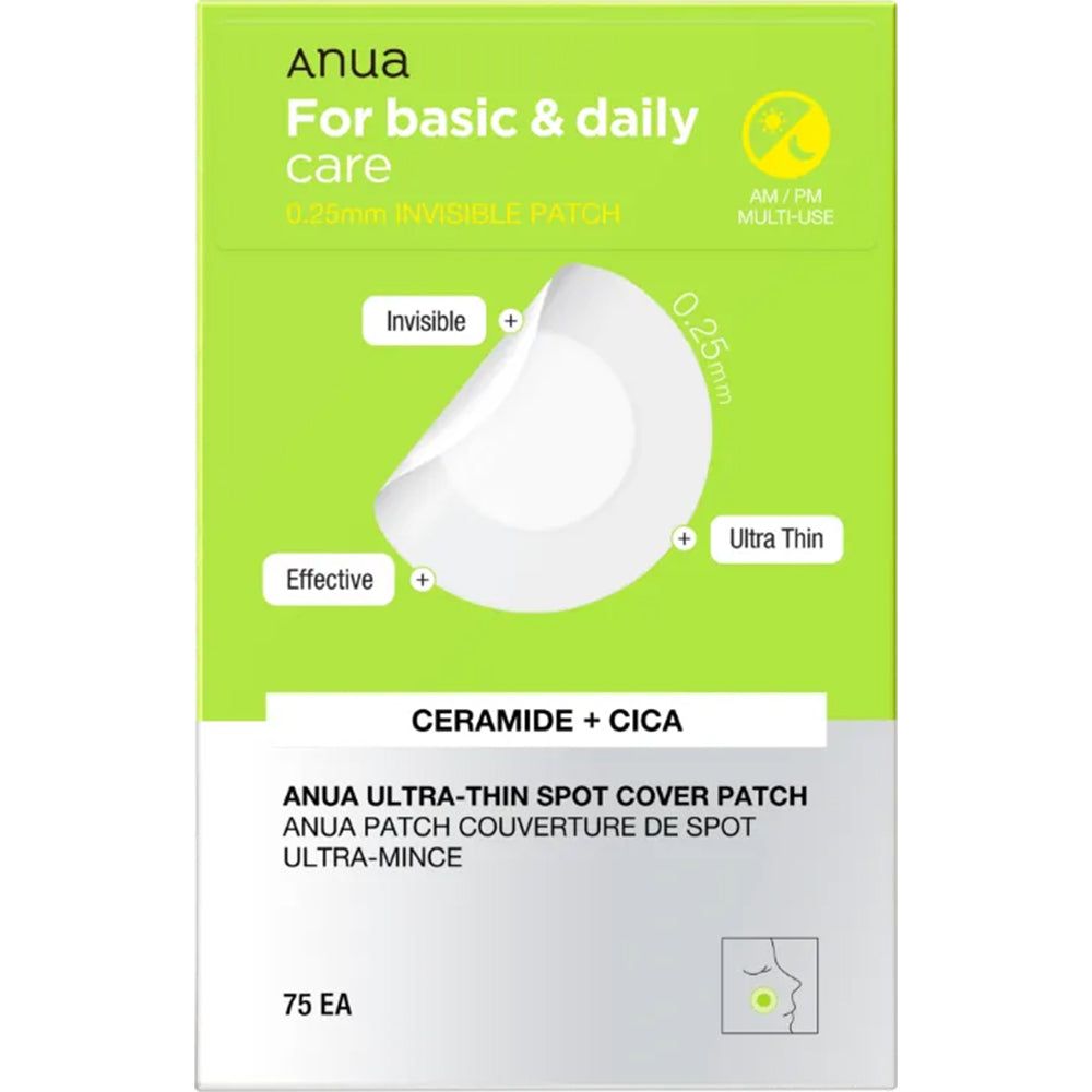 Groene verpakking met transparante pleisters. Tekst: Anua, Ultra-Thin Spot Cover Patch, 75 stuks. 0,25 mm dik.