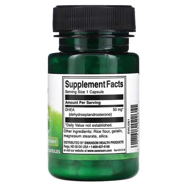 Achterkant groene fles. Opschrift: Supplement Facts. DHEA 50 mg. Ingrediënten. Swanson Health Products.