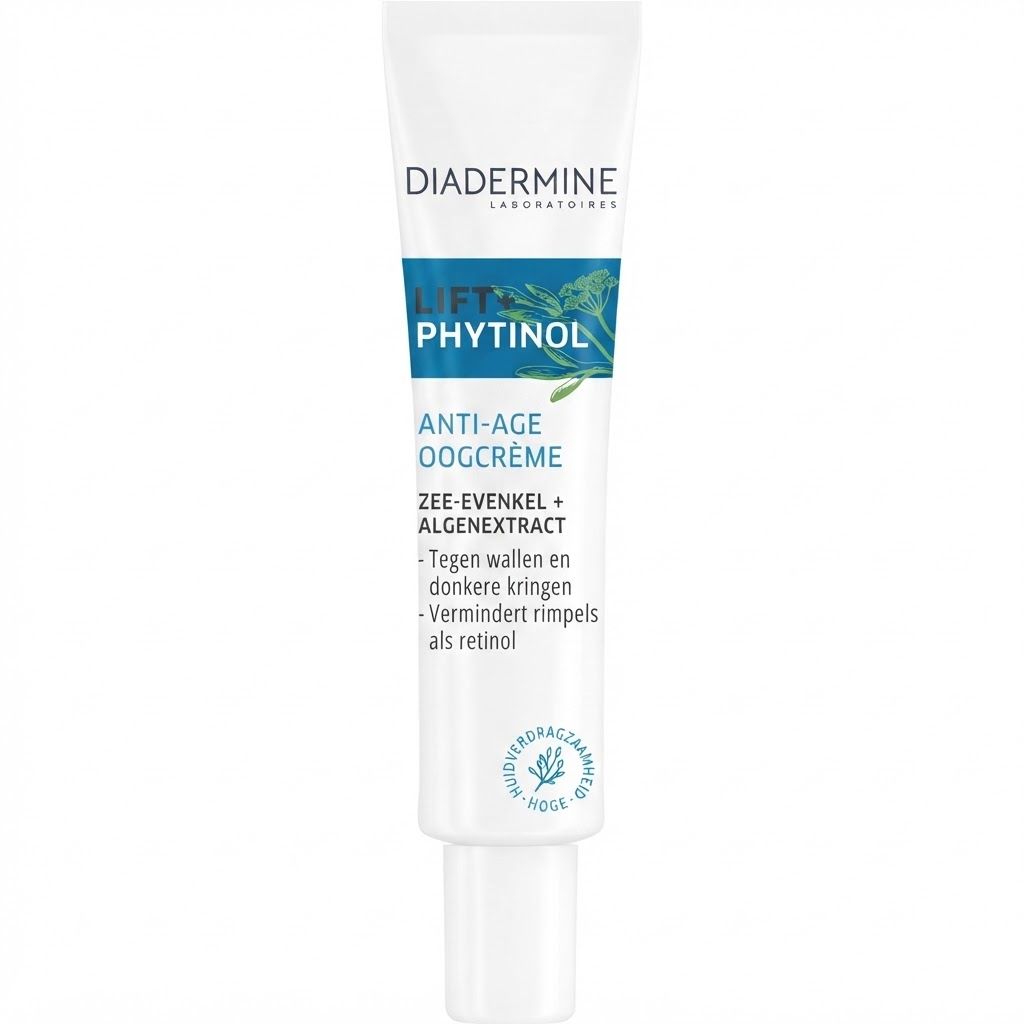 Diadermine Lift+ Phytinol Anti-Age Oogcrème tube met zeefenkelt en algenextract.