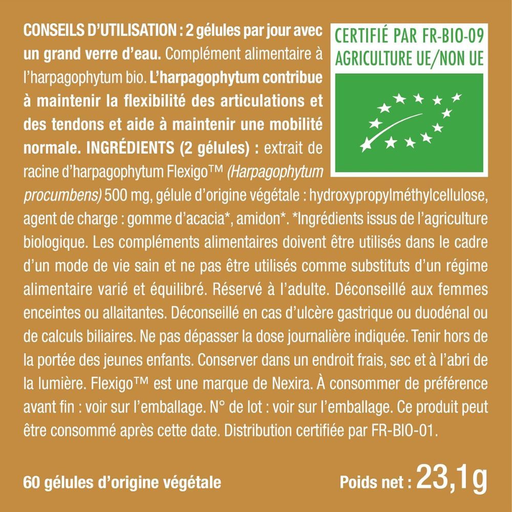 Texte avec instructions et ingrédients. Texte : "60 gélules", "23,1g". Certification bio. Flacon non représenté.