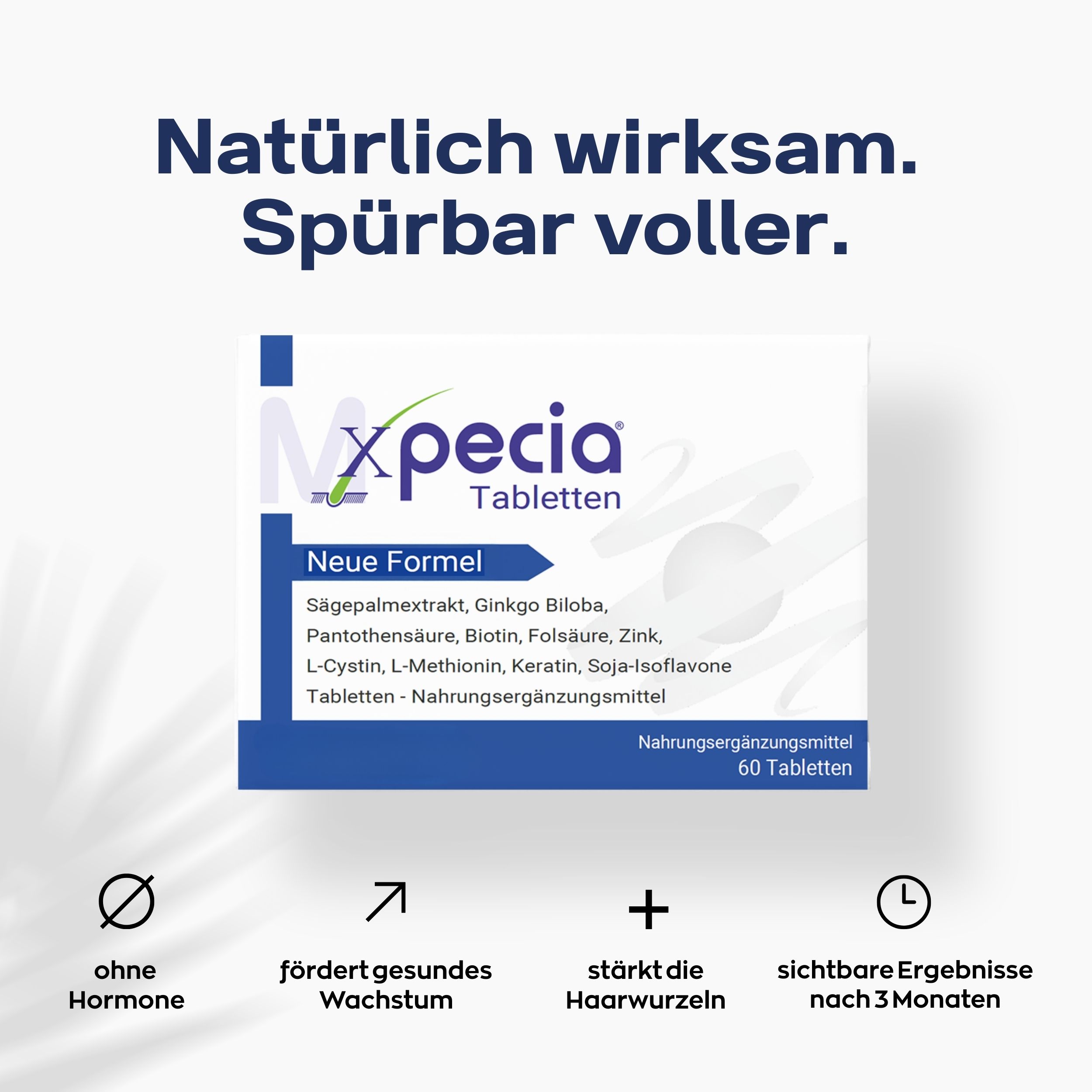 Xpecia tabletten verpakking. Blauwe verpakking met tekst. Bevat 60 tabletten. Zonder hormonen, bevordert groei.